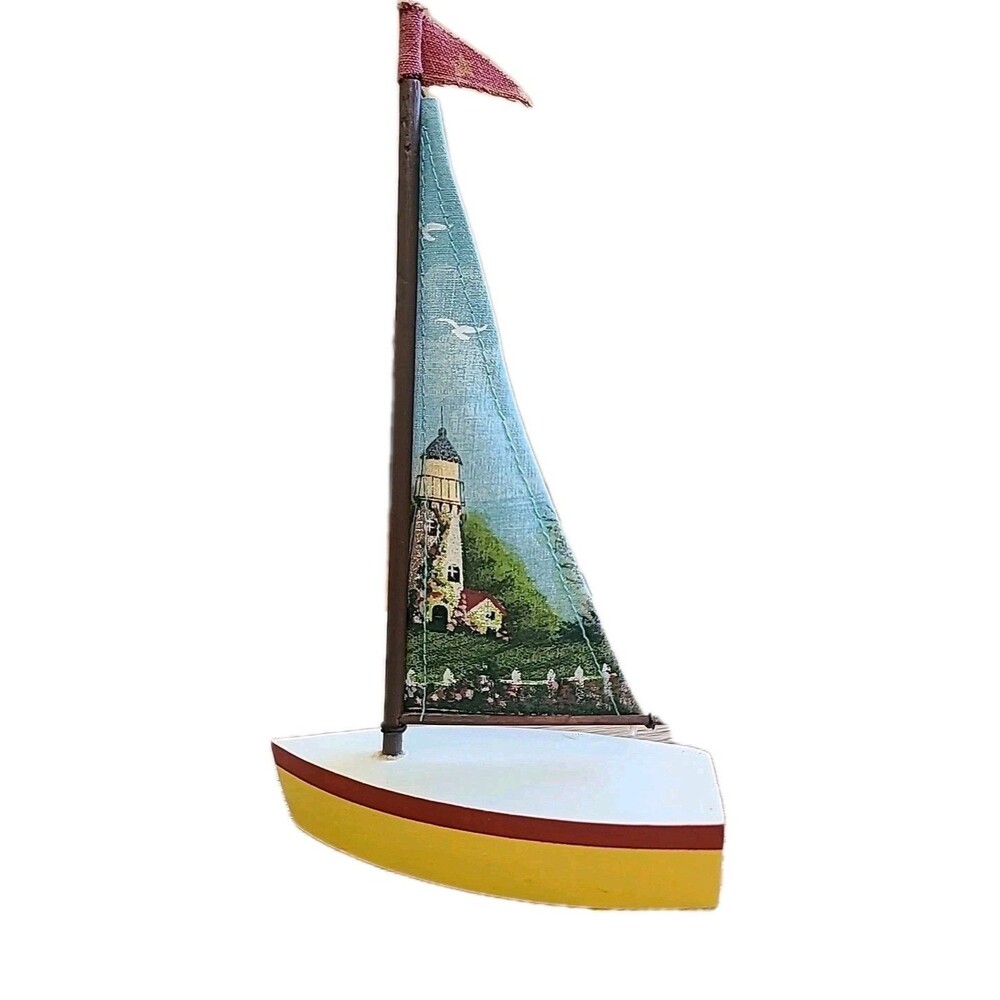 Wooden Decor Sailing Boat Hand painted Cloth Rigging Nautical Lighthouse 9”
